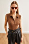 Women's Bitter Coffee Polo Neck Buttoned Six Snap Bodysuit BDY-00000049 - 2