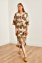 Women's Leaf Coffee Elastic Waist Bat Slit Dress ELB-19002171 - 5