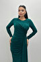 Jersey Fabric Draped Dress with Stone Detail - Emerald Green - 4