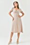 Women's Lined Aerobin Fabric Button Detailed Degaje Collar Short Sleeve Beige Midi Dress 121