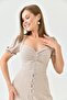 Women's Lined Aerobin Fabric Button-Down Design Ragage Collar Short Sleeve Beige Midi Dress 121 - 6