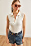 Women's Ecru Polo Neck Buttoned Six-Snap Bodysuit BDY-00000049 - 2