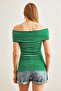 Women's Striped Grass Green Madonna Collar Lycra Blouse BLZ-19002586 - 6