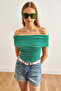 Women's Striped Grass Green Madonna Collar Lycra Blouse BLZ-19002586 - 2