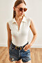Women's Ecru Polo Neck Buttoned Six-Snap Bodysuit BDY-00000049 - 3