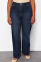 Koyu Mavi Yüksek Bel Comfort/Orta Esnek Straight Fit Denim Büyük Beden Jeans TBBSS24CJ00051 - 4