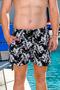 Men's Basic Leaf Printed Black Swim Shorts with Pockets