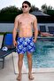 Men's Basic Leaf Printed Blue Swim Shorts with Pockets - 2