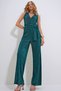 Women's Green Double-breasted Lapel Belted Chest Low-cut Pleated Jumpsuit ALC-X12193