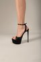 Rees Stone Buckle Detailed Ankle Strap Black Satin 15 cm Women's Classic Platform Heeled Shoes - 4