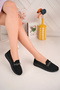 Woman's Black Knitwear High Sole Curved Stripe Stone Flat Shoes - 2