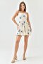 Floral Print Linen Fabric Back Gipe Detail Mini Toothpick Dress with Connectable Straps 166 - 7