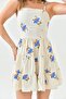 Women's Floral Print Linen Fabric Back Gipe Design Mini Evening Dress with Connectable Straps 166 - 5