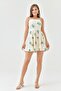Floral Print Linen Fabric Back Gipe Detail Mini Toothpick Dress with Connectable Straps 166 - 4