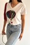 Women's White V-Neck Flying Balloon and Heart Sequin Embroidered 100% Cotton T-Shirt - 4