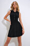 Women's Black Shirt Collar Buttoned And Draped Loose Mini Dress ALC-X12154 - 4