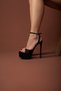 Rees Stone Buckle Detailed Ankle Strap Black Satin 15 cm Women's Classic Platform Heeled Shoes - 3