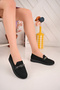 Woman's Black Knitwear High Sole Curved Stripe Stone Flat Shoes - 3