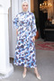 3988 Belt Detailed Patterned Dress Blue