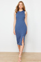 Indigo Zero Sleeve Slit Detailed Bodycone/Body Hugging Flexible Knitted Midi Pencil Dress TWOSS24EL00108