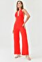 Red Crepe Fabric Neck Tie Design Chest Low-cut Detail Loose Leg Jumpsuit 164 - 7