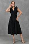 Flattering Fit Elastic Waisted Belt Detailed Sleeves Ruffled Double-breasted Collar Midi Length Black Dress 103 - 8
