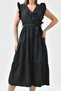 Women's Midi Length Black Dress with Elastic Waist Sleeve Ruffled Double Breasted Collar Belted 103 - 6