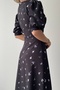 Women's Cotton Atlas Fabric V-neck Short Balloon Sleeve Midi Length Bell Cut Floral Black Dress 153 - 4