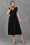 Flattering Fit Elastic Waisted Belt Detailed Sleeves Ruffled Double-breasted Collar Midi Length Black Dress 103 - 7