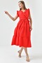 Women's Midi Length Red Dress with Elastic Waist Sleeve Ruffled Double Breasted Collar Belted 103 - 8