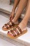 PİERO Women's - Tan Leather Dusty, Gold Buckle Detailed Slippers - 6