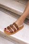 PİERO Women's - Tan Leather Dusty, Gold Buckle Detailed Slippers - 5