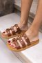 PİERO Women's - Tan Leather Dusty, Gold Buckle Detailed Slippers