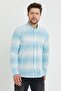 Linen Turquoise White Striped Slim Fit Long Sleeve Shirt
