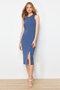 Indigo Zero Sleeve Slit Detailed Bodycone/Body Hugging Flexible Knitted Midi Pencil Dress TWOSS24EL00108 - 2