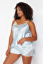 Blue Lace Detailed Satin Woven Pajamas Set TBBSS23AI00020