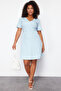 Light Blue V-neck Tencel Mini Denim Dress TBBSS24AH00157