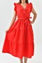Women's Midi Length Red Dress with Elastic Waist Sleeve Ruffled Double Breasted Collar Belted 103 - 6
