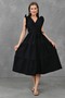 Flattering Fit Elastic Waisted Belt Detailed Sleeves Ruffled Double-breasted Collar Midi Length Black Dress 103 - 4