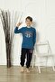 Long Sleeve Crew Neck Petrol Color Men's Pajama Set