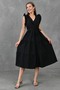 Flattering Fit Elastic Waisted Belt Detailed Sleeves Ruffled Double-breasted Collar Midi Length Black Dress 103 - 5