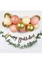 Gold Calligraphy Happy Birthday Banner and Balloon Set, Salmon Gold Cream Latex Balloon Set