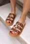 PİERO Women's - Tan Leather Dusty, Gold Buckle Detailed Slippers - 2