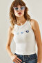 Women's Thin Strap Heart Embroidered Combed Cotton Blouse 60251200 - 7