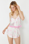 Pembe Kurdele/Fiyonk Desenli Dantelli İp Askılı Crop Saten Şortlu Dokuma Pijama Takımı THMSS22PT0264 - 3