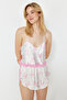 Pembe Kurdele/Fiyonk Desenli Dantelli İp Askılı Crop Saten Şortlu Dokuma Pijama Takımı THMSS22PT0264 - 4