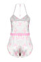 Pembe Kurdele/Fiyonk Desenli Dantelli İp Askılı Crop Saten Şortlu Dokuma Pijama Takımı THMSS22PT0264 - 9