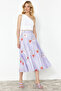 Lilac Floral Patterned Pleated Satin Fabric Maxi Length Woven Skirt TWOSS24ET00141