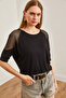 Women's Black Mesh Detailed Three-Quarter Sleeve Flowy Blouse Blz- 19002649 - 4