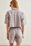 Women's Gray Top Shirt Bottom Pocket Shorts Linen Suit Tkm- 19000291 - 6